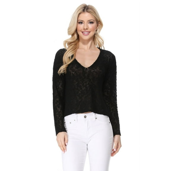 Yemak Women's Long Sleeve V-Neck Cropped Pullover Knit Sweater MK8268-BLACK-M