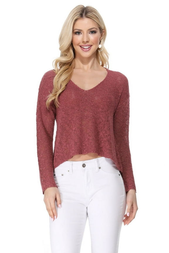 Women's Long Sleeve V-Neck Cropped Pullover Knit Sweater MK8268-BRICK-M