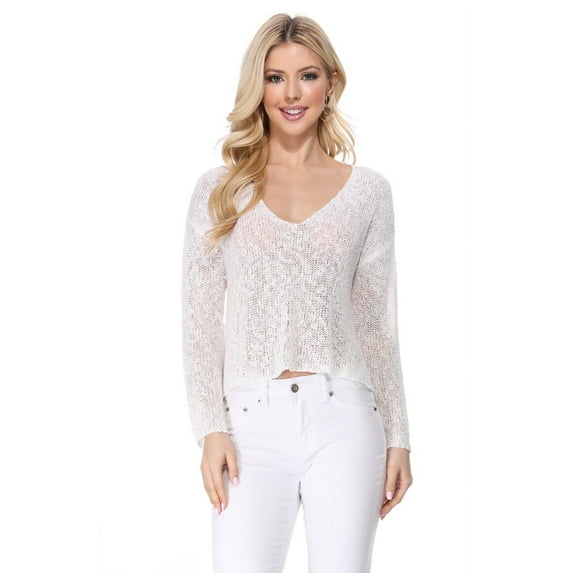 Yemak Women's Long Sleeve V-Neck Cropped Pullover Knit Sweater MK8268-IVORY-S
