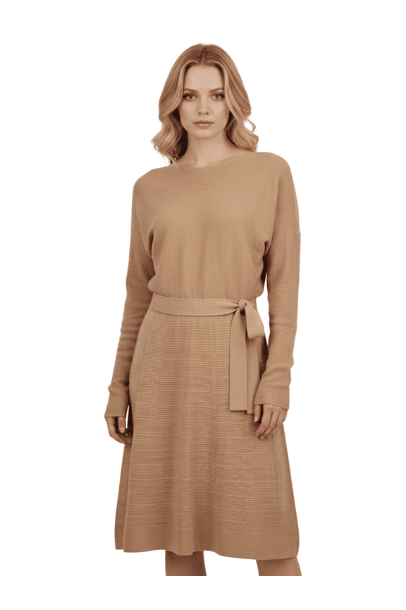 Women's Loose Fit Rip Neck Flared Sweater Knitted Dress Cork-M-BD