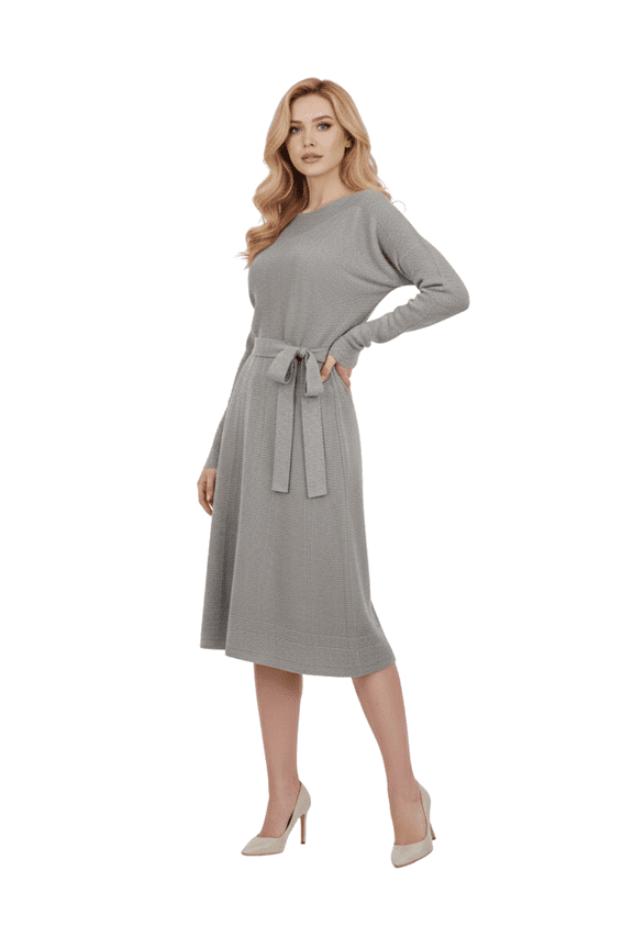 Women's Loose Fit Rip Neck Flared Sweater Knitted Dress Heather Grey-S-BD