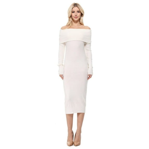 Yemak Women's Off Shoulder Long Sleeve Slim Fit Midi Knit Dress Ivory-L-BD