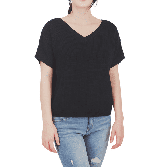 Yemak Women's Open Back with Lace Half Sleeve Loose Fit Knit Pullover MK3626-BLK-M-BD