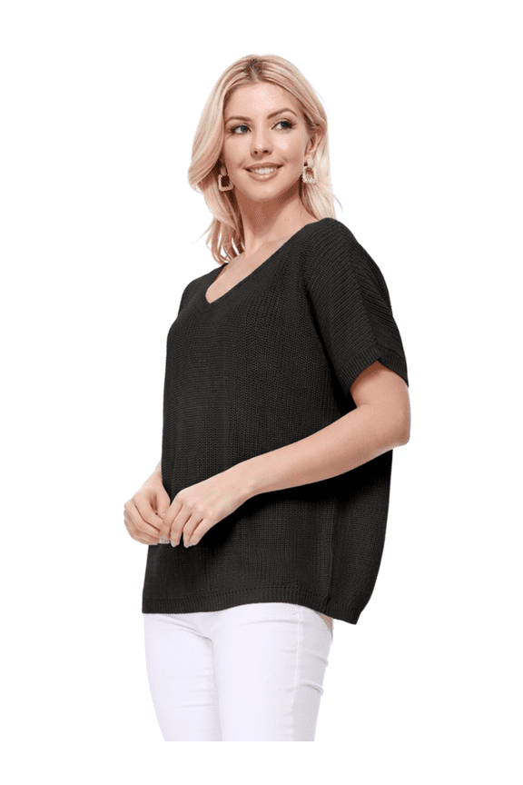 Women's Open Back with Lace Half Sleeve Loose Fit Knit Pullover MK3626-BLK-M-BD