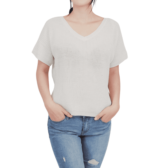 Yemak Women's Open Back with Lace Half Sleeve Loose Fit Knit Pullover MK3626-IVR-M-BD