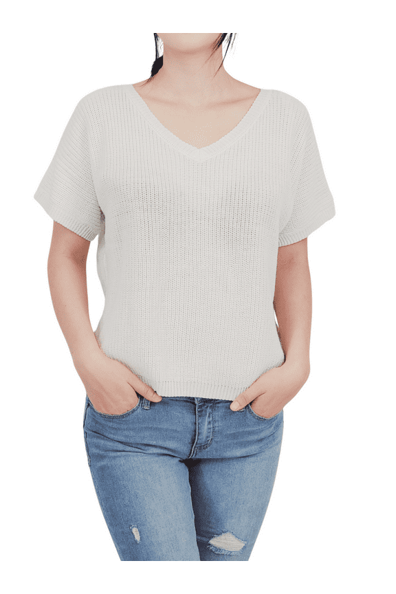 Women's Open Back with Lace Half Sleeve Loose Fit Knit Pullover MK3626-IVR-S-BD