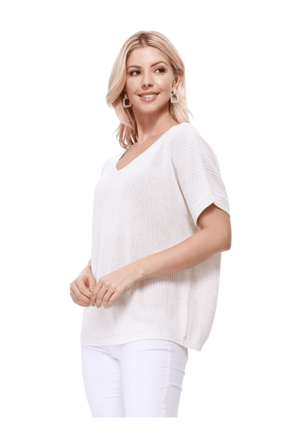 Women's Open Back with Lace Half Sleeve Loose Fit Knit Pullover MK3626-IVR-S-BD