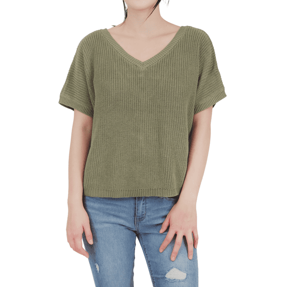 Yemak Women's Open Back with Lace Half Sleeve Loose Fit Knit Pullover MK3626-OLV-L-BD