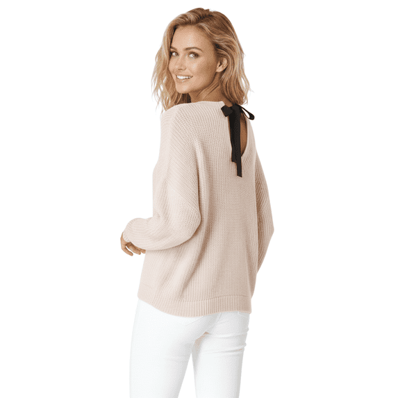 Yemak Women's Oversized Waffle Knit Sweater Pullover with Back Bow MK8224-BLS-M-BD