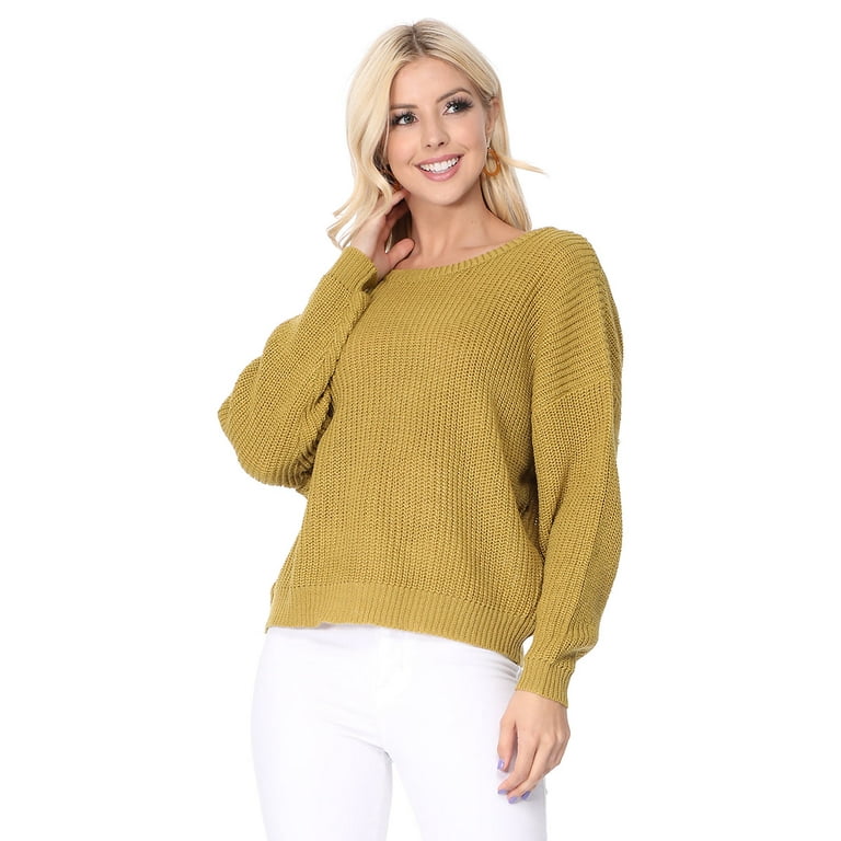 Yemak Women s Oversized Waffle Knit Sweater Pullover with Back Bow MK8224 OLV L BD