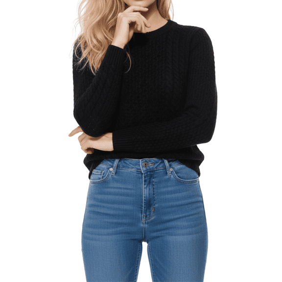 Yemak Women's Round Neck Long Sleeve Cable Knitted Sweater Pullover MK3312-BLK-L--BD