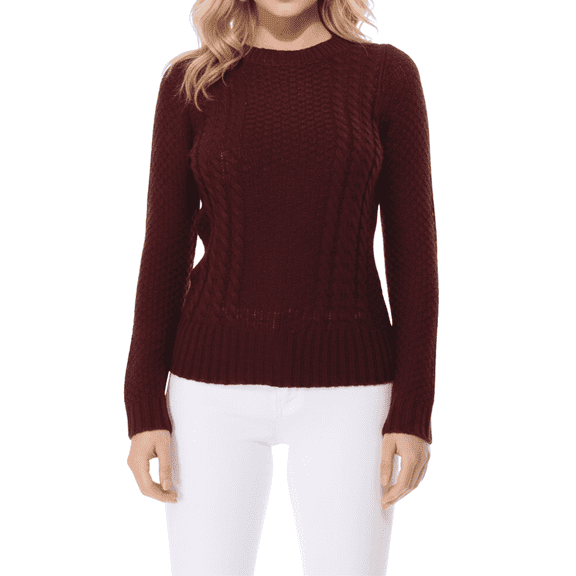 Yemak Women's Round Neck Long Sleeve Cable Knitted Sweater Pullover MK3312-BUR-M-BD