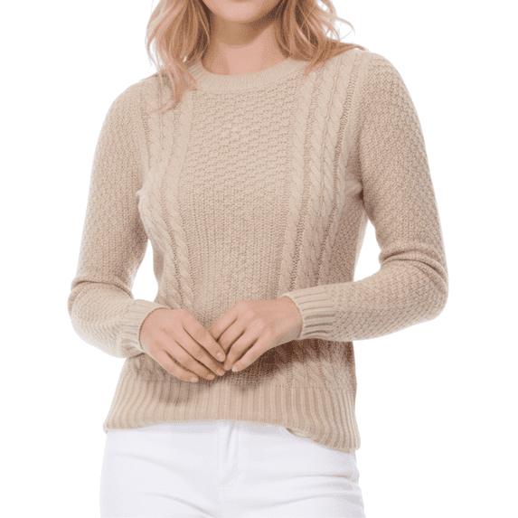 Yemak Women's Round Neck Long Sleeve Cable Knitted Sweater Pullover MK3312-TPE-L-BD