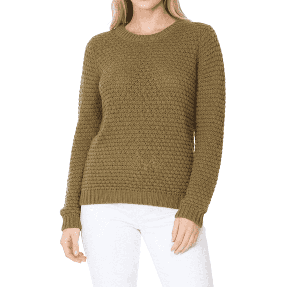 Yemak Women's Round Neck Long Sleeve Popcorn Knit Sweater Top MK8114-SAG-L-BD