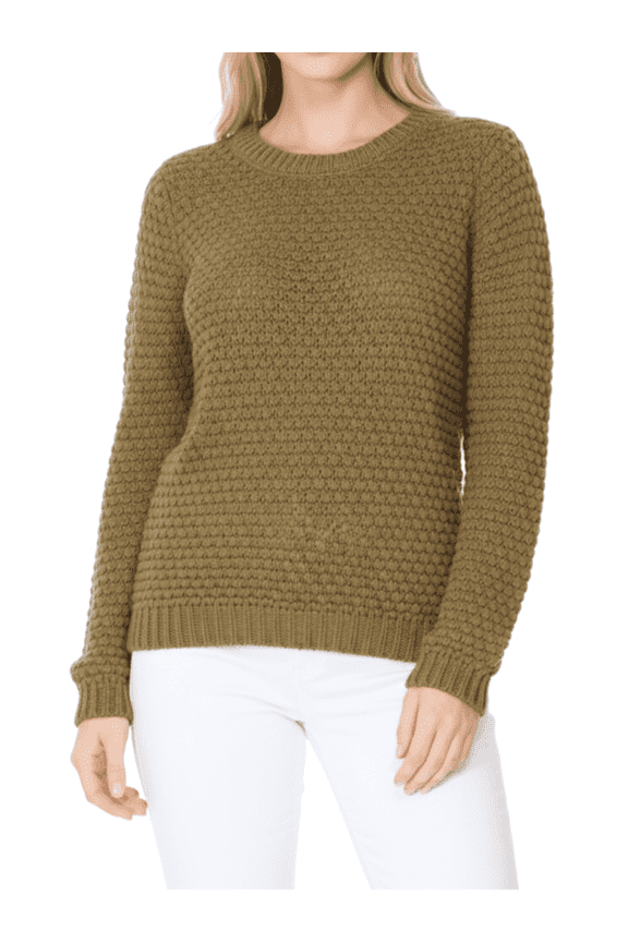 Women's Round Neck Long Sleeve Popcorn Knit Sweater Top MK8114-SAG-S-BD