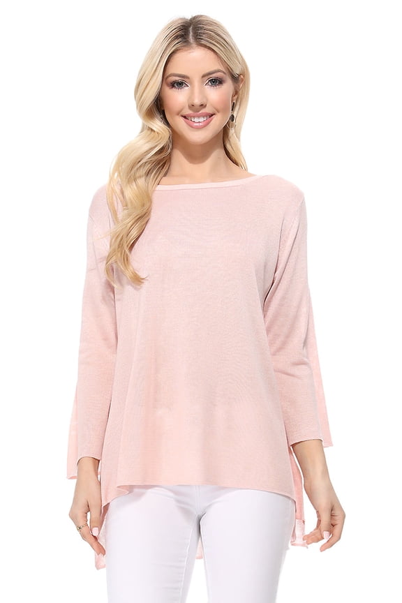 Women's Semi Sheer Boat Neck Knit Top with Side Vent MK8139-BPK-L-BD