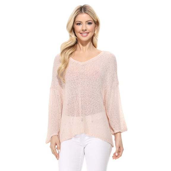 Yemak Women's Semi Sheer Open Back Batwing Sleeve Loose Knit Top Blush-L-BD
