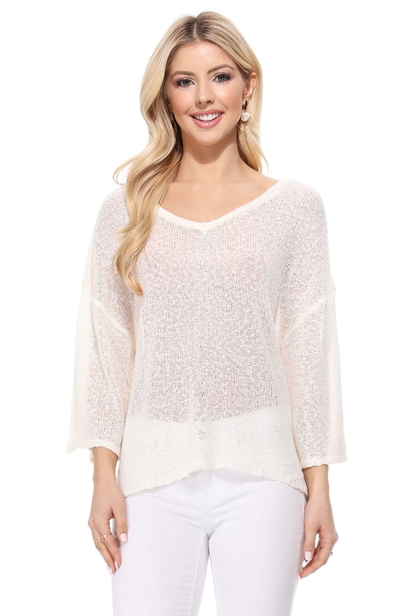 Women's Semi Sheer Open Back Batwing Sleeve Loose Knit Top Ivory-M-BD