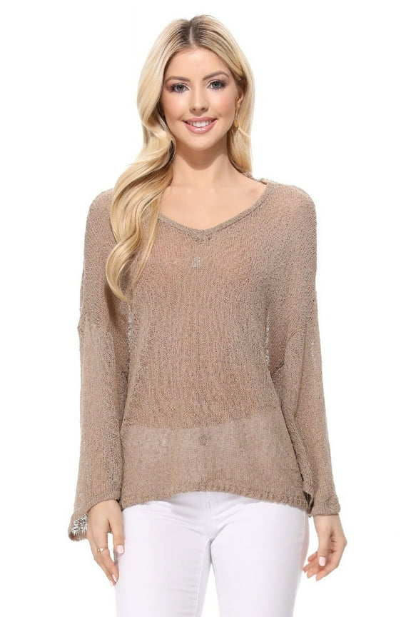 Women's Semi Sheer Open Back Batwing Sleeve Loose Knit Top Taupe-M-BD