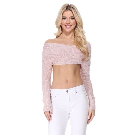 Yemak Women's Sexy Off The Shoulder Long Sleeve Wrappable Two Tone Shawl Sweater KC004-Blush-M/L