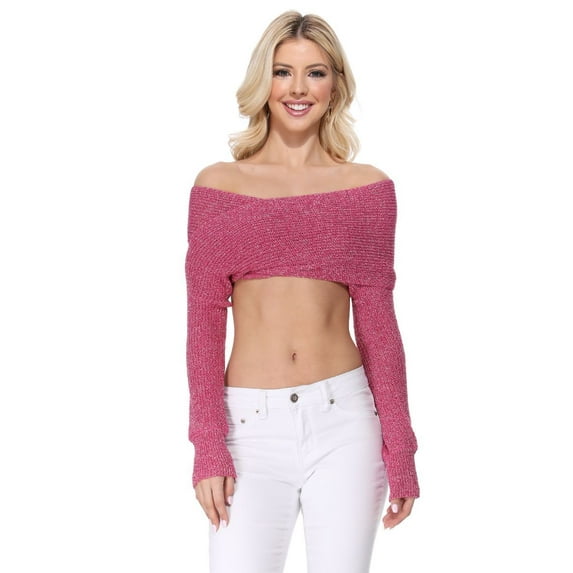 Yemak Women's Sexy Off The Shoulder Long Sleeve Wrappable Two Tone Shawl Sweater KC004-Magenta-M/L