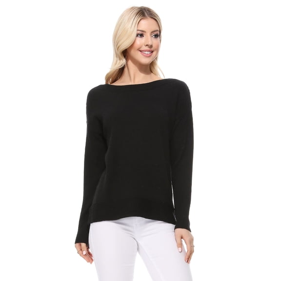 Yemak Women's Silky Soft Long Sleeve Boat Neck Soft Knit Sweater Top MK8140-BLK-S-BD