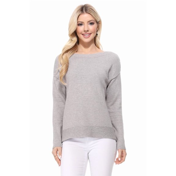 Yemak Women's Silky Soft Long Sleeve Boat Neck Soft Knit Sweater Top MK8140-GRY-M-BD