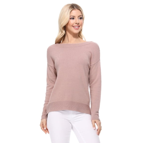 Yemak Women's Silky Soft Long Sleeve Boat Neck Soft Knit Sweater Top MK8140-MAV-M-BD