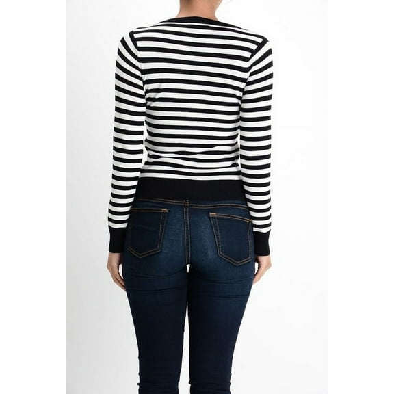 Yemak Women's Striped Pattern Round Neck Long Sleeve Sweater Pullover Black/Ivory-M-BD