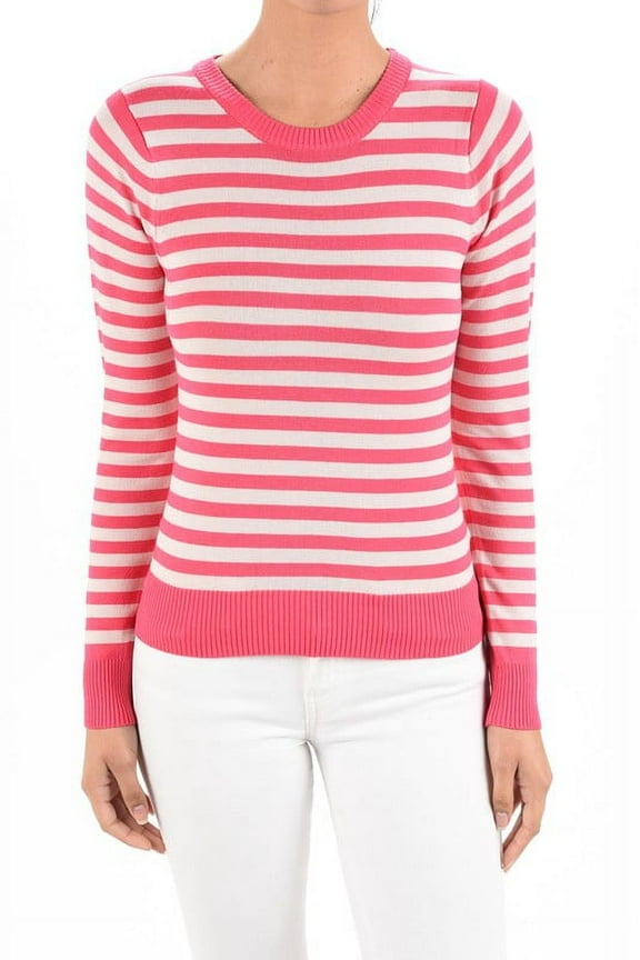Women's Striped Pattern Round Neck Long Sleeve Sweater Pullover Hot Pink/Blush-M-BD