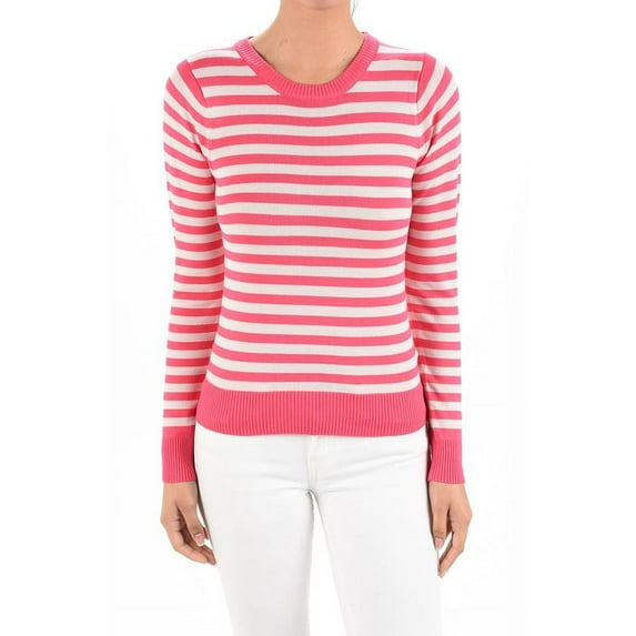 Yemak Women's Striped Pattern Round Neck Long Sleeve Sweater Pullover Hot Pink/Blush-S-BD