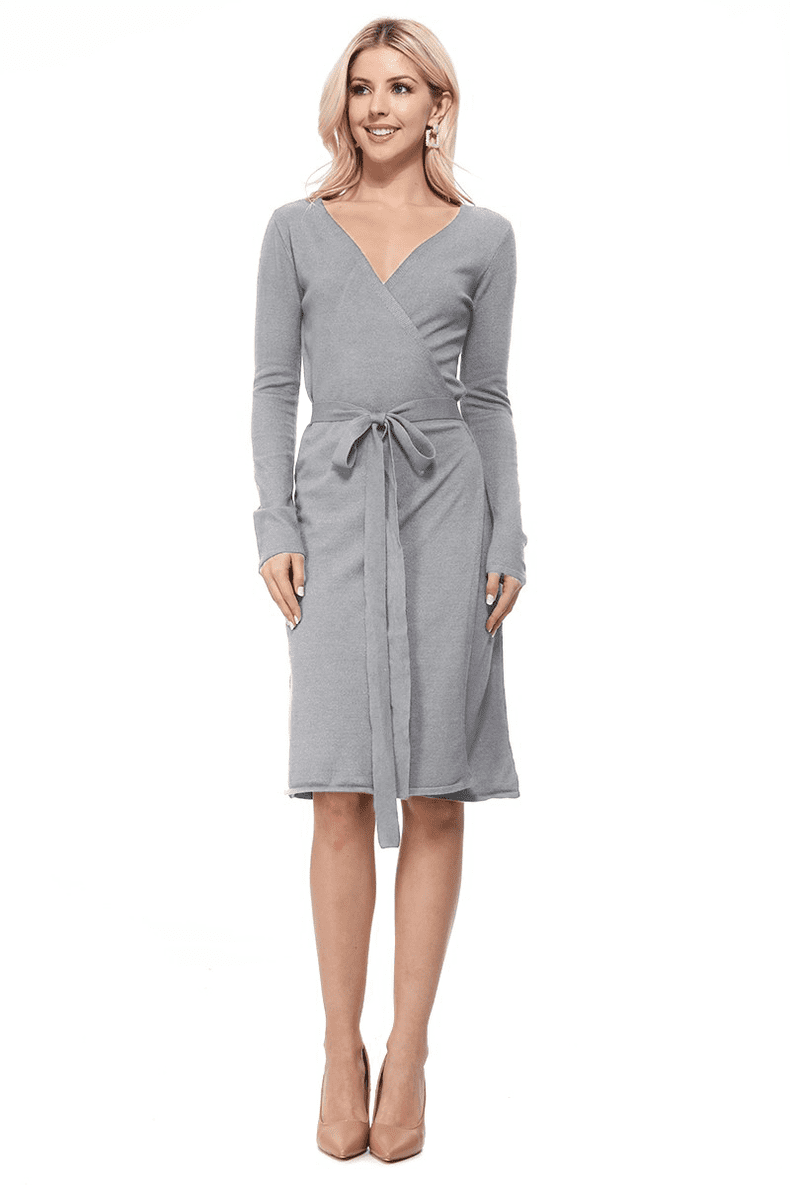 grey wrap sweater dress Yemak Women's V-Neck Long Sleeve Belted Heather Grey-S-BD Formal evening dress