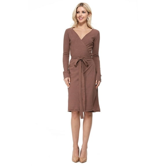 Yemak Women's V-Neck Long Sleeve Belted Wrap Sweater Dress Mocha-M-BD
