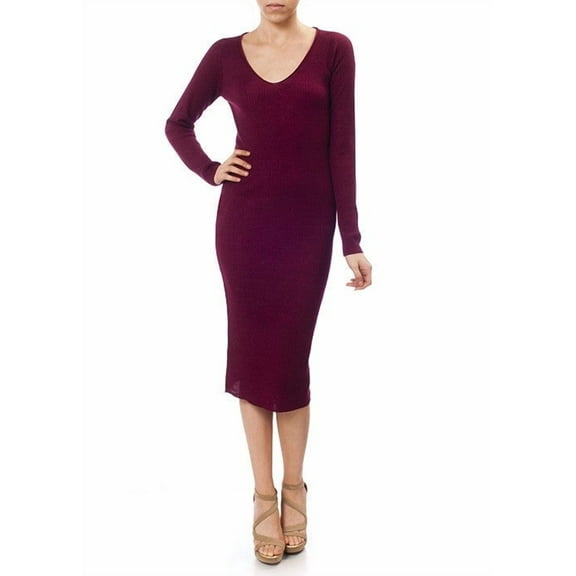 Yemak Women's V-Neck Sheer Ribbed Knit Long Sleeve Sweater Dress Burgundy-L-BD
