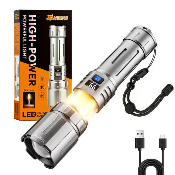 Yemao High Lumens Flashlights Rechargeable with 8 Modes,Tactical Flashlights with Warm Camping Lamp,Zoomable LED Bright Flashlight with 5000mAh,EDC Flashlight for Home,Camping,Travel,Emergency