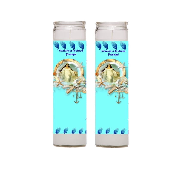 Yemaya Santeria Devotional Prayer Candles, 8-Inch Glass Candles with Full-Color Image, Pack of 2