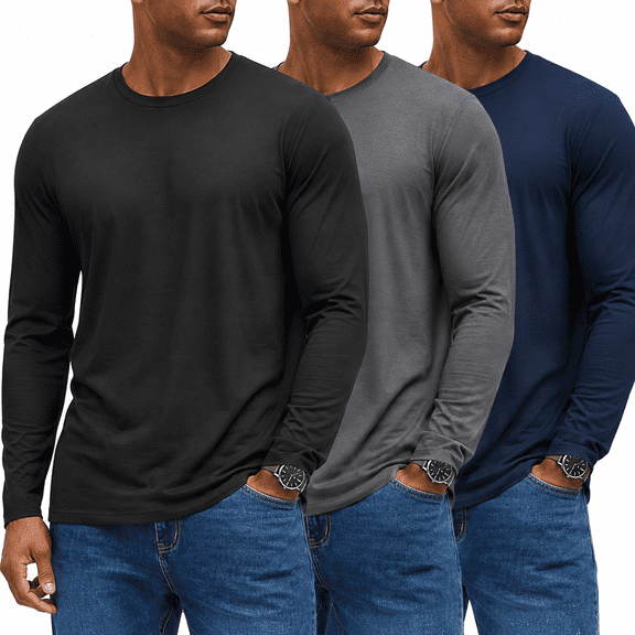 YeneSen Men's Long Sleeve T-Shirts 3 Pack, 100% Cotton Crew Neck Basic Tees, Soft Casual Shirts for Everyday Wear, Work and Layering
