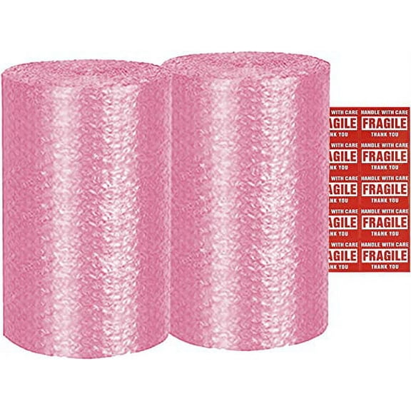 Yens Bubble Cushioning Rolls Packing Materials, 3/16" AIR Bubble,72 FT, 12 inch width Perforated every 12" 20 Bonus Fragile Stickers (72 ft, Pink)