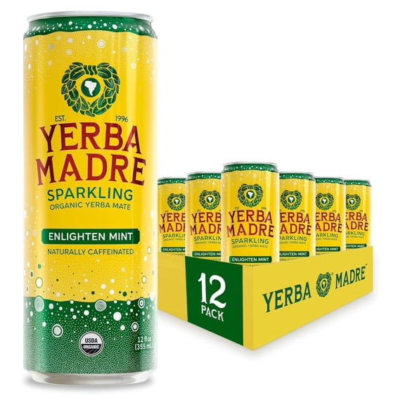 Yerba Madre Organic Sparkling Yerba Mate, Enlighten Mint, Energy Drink Alternative, 115mg Natural Plant Based Caffeine, 12oz Cans (Pack of 12)