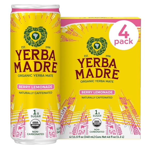 Yerba Madre Organic Yerba Mate Berry Lemonade 4 Pack, 11.5 fl oz Cans