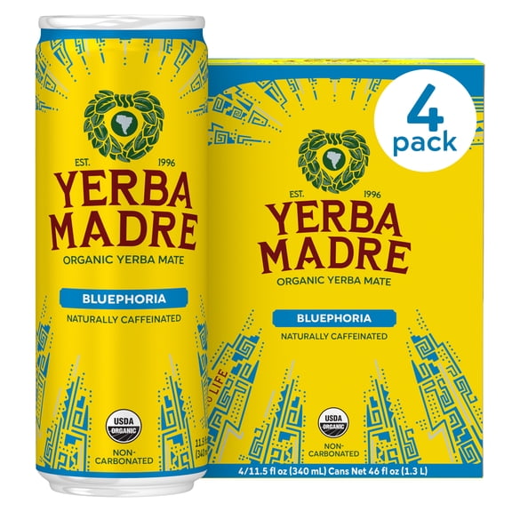 Yerba Madre Organic Yerba Mate Bluephoria 4 Pack, 11.5 fl oz Cans