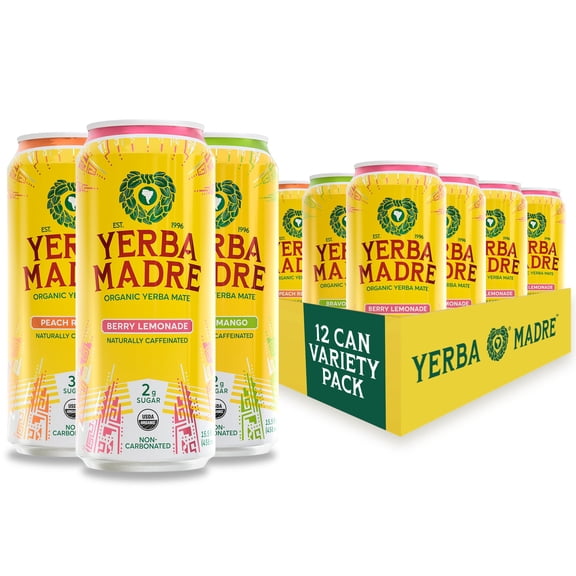 Yerba Madre Organic Yerba Mate, Lower-Sugar Variety Pack, Energy Drink Alternative, 150mg Natural Plant Based Caffeine, 15.5oz Cans (Pack of 12)