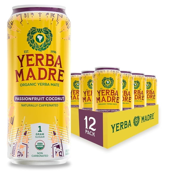 Yerba Madre Organic Yerba Mate, Passionfruit Coconut, Energy Drink Alternative, 150mg Natural Plant Based Caffeine, 15.5oz Cans (Pack of 12)