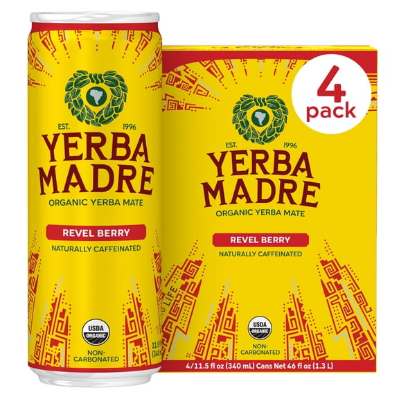 Yerba Madre Organic Yerba Mate Revel Berry 4 Pack, 11.5 fl oz Cans