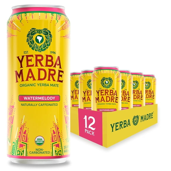 Yerba Madre Organic Yerba Mate, Watermelody, Energy Drink Alternative, 150mg Natural Plant Based Caffeine, 15.5oz Cans (Pack of 12)