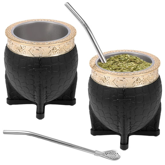 Yerba Mate Cup,8 oz Yerba Mate Gourd Set,305 Stainless Steel Double-Wall Mate Cup, Heat Insulation Yerba Mate Gourd, Tea Cup Set Includes with Bombilla Straw,Wide Mouth (Black)