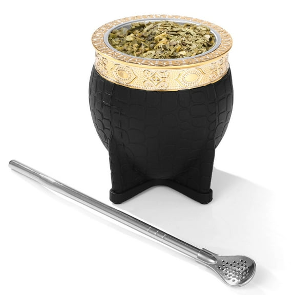 Yerba Mate Cup and Bombilla Set, Organic Gourd Tea Mug with Steel Straw Spoon, 3.9" x 3.4"
