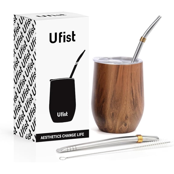Yerba Mate Cup with Lid, 2 Bombillas, Cleaning Brush, 11.8oz Stainless Steel Double-Wall Insulated Gourd (Wood)