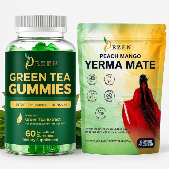 Yerba Mate Drink Mix Powder (Peach Mango) + Green Tea Gummies (Apple) Combo Pack, Energy, Focus & Wellness Support, 30 Servings