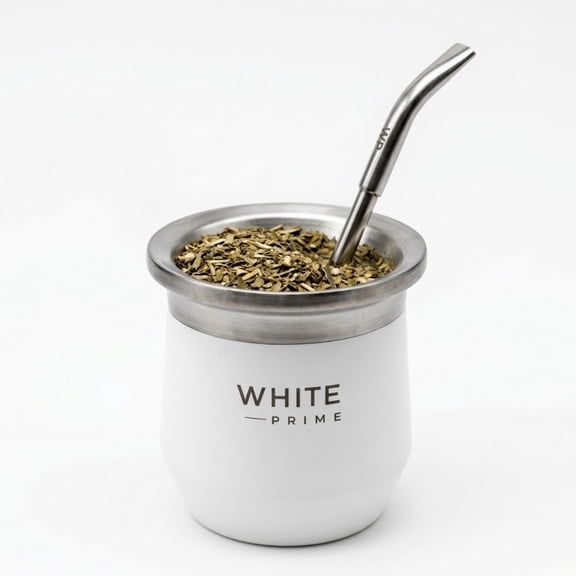 Mate Cup 8 oz with Curved Bombilla | Free Yerba Mate Sample | WHITE Prime